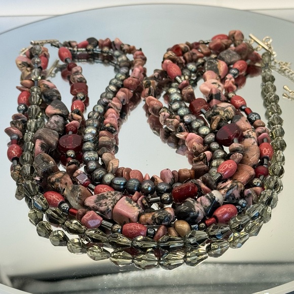 Rhodonite, Crystal & Peacock Pearls Multi-Strand Beaded Necklace - Picture 5 of 6